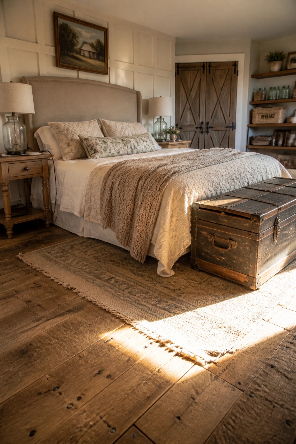 A bedroom interior showing a bed with neutral bedding, a large wooden trunk, and wide plank distressed wood flooring partially covered by a woven rug.
