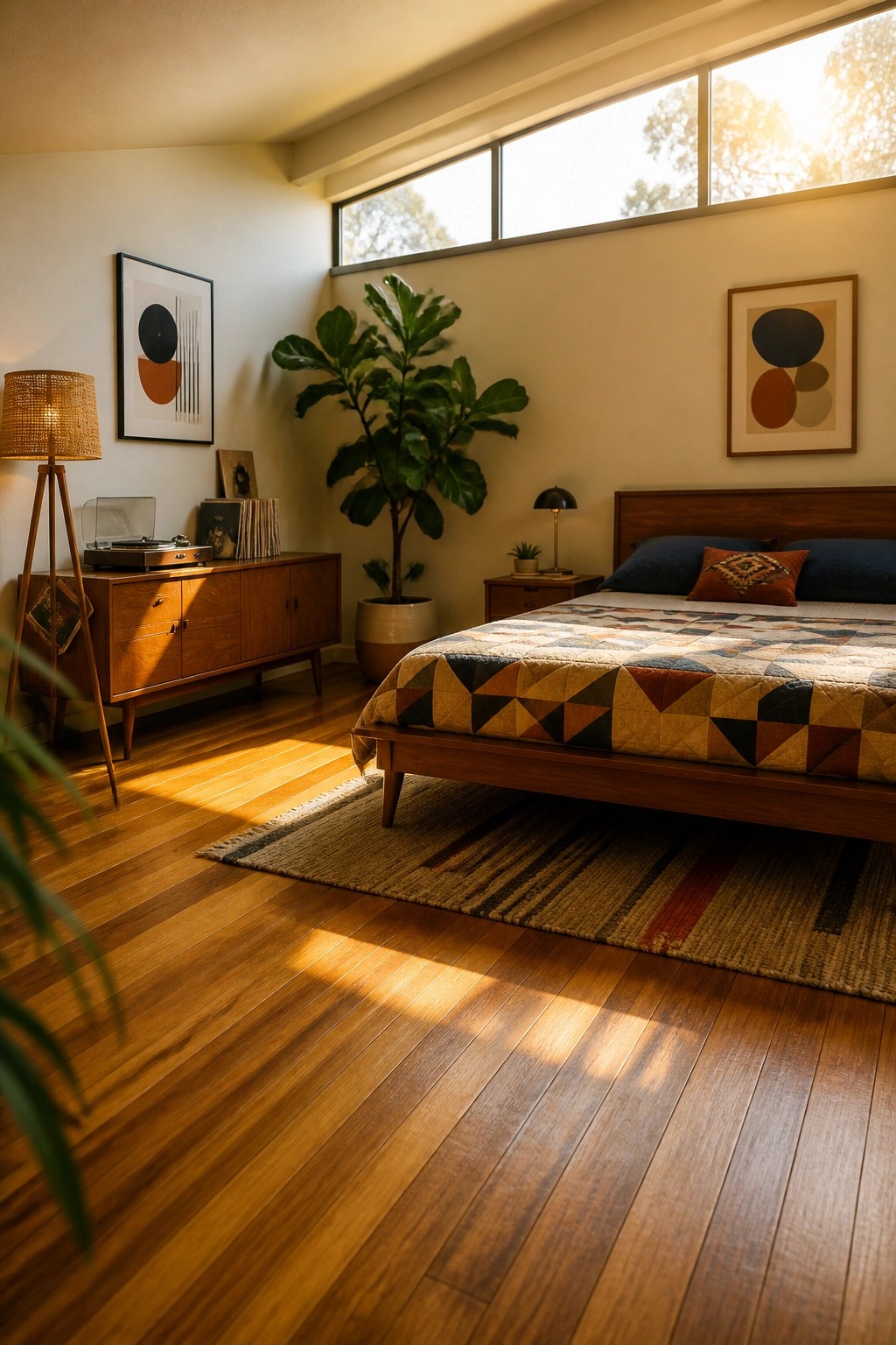 A bedroom with wide plank wood flooring, a wooden bed with a patchwork quilt, a low wooden dresser, a record player on a tripod stand, a large potted plant, and two framed abstract artworks on the walls.