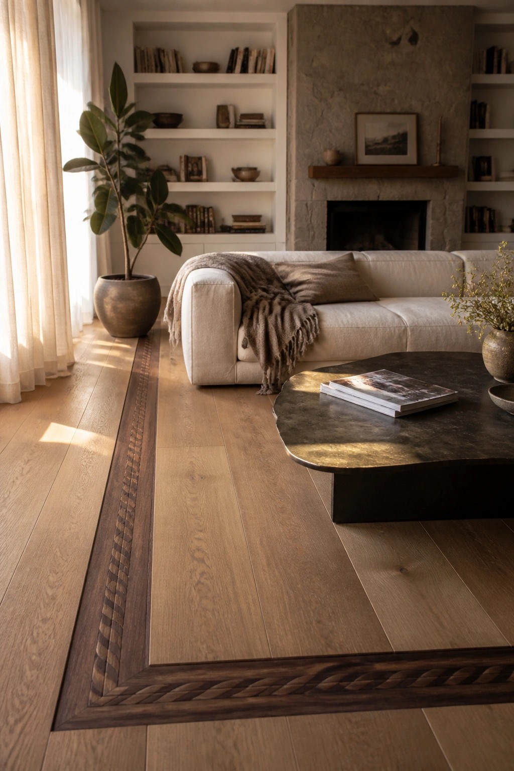 Light wood flooring in a living room with a dark braided inlay border framing the edges.
