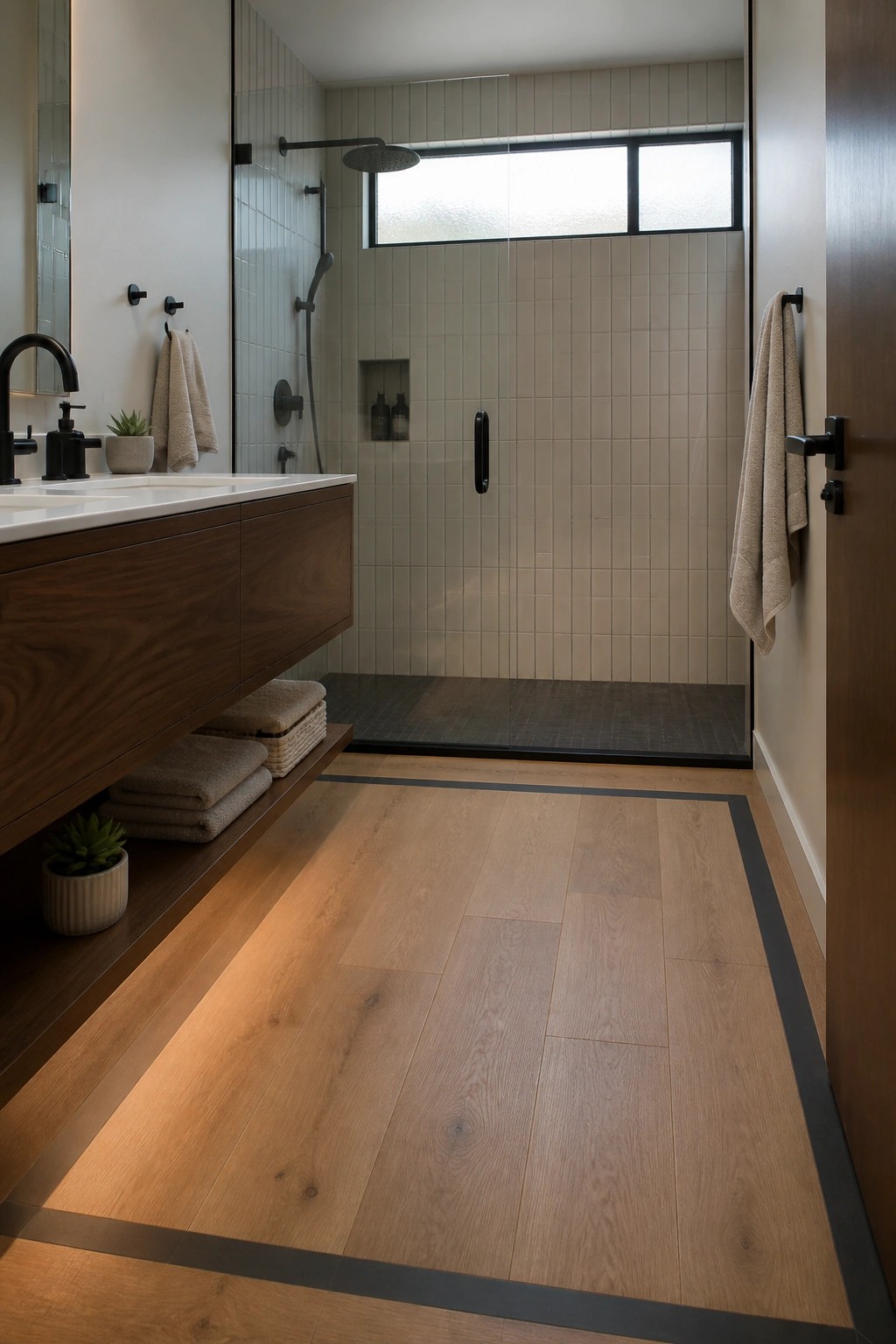 A modern bathroom featuring light wood flooring with a dark border inlay, a floating wood vanity, and a glass shower enclosure.