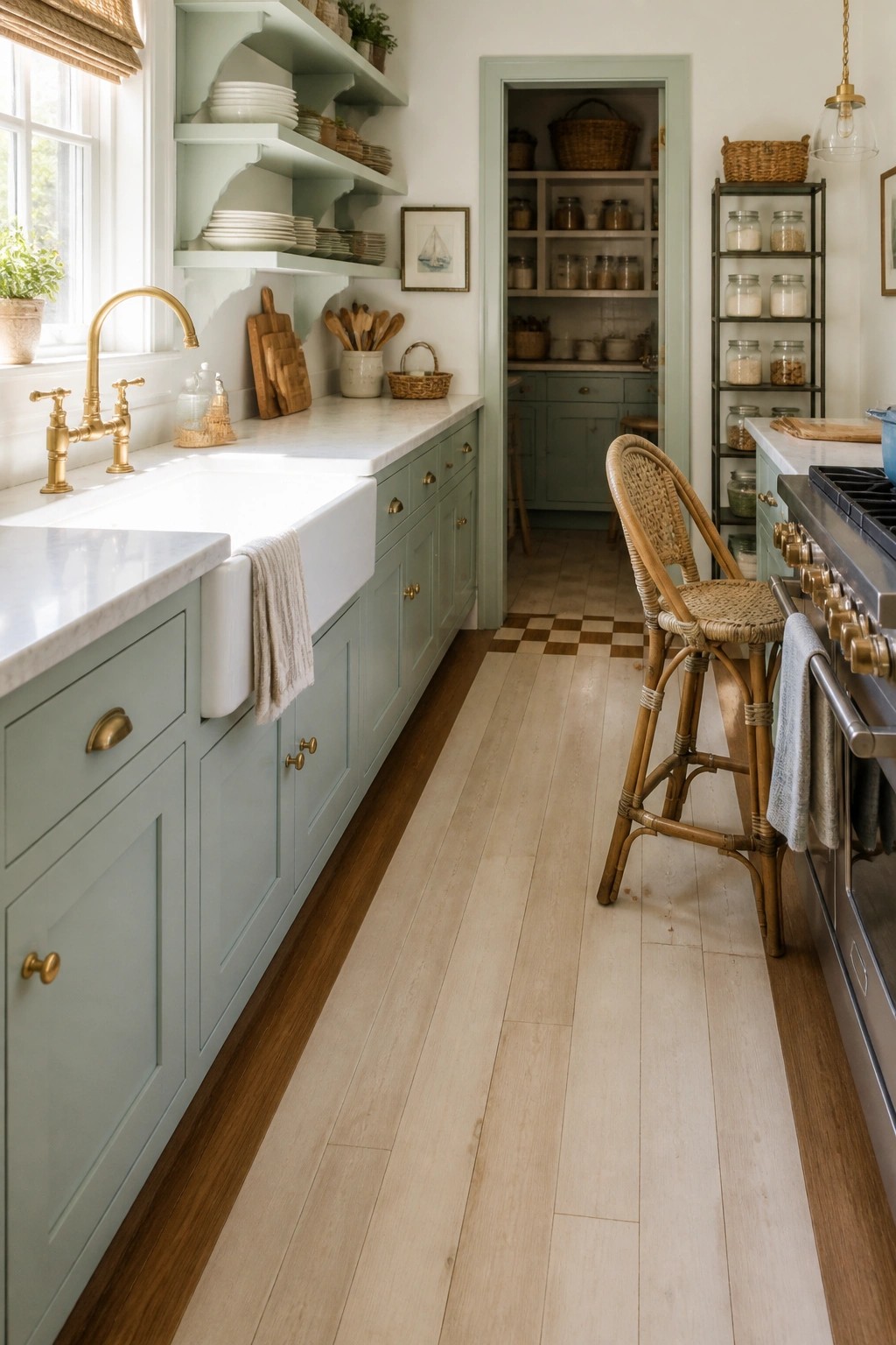 Kitchen interior with light wood flooring bordered by darker wood planks along the walls, sage green cabinets, and a white farmhouse sink.