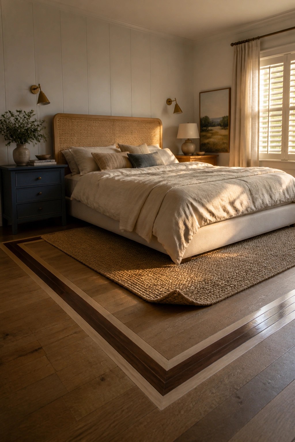 A bedroom scene showing a wooden floor with a multi-layered decorative border of contrasting wood tones framing the area under a bed and rug.