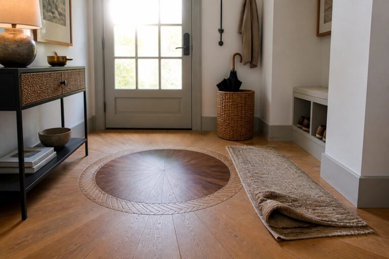 17 Creative Wood Floor Border Ideas Using Decorative Inlays and Contrasts A light wood floor in an entryway with a large circular inlay of darker wood showing a radial center and herringbone border, partially covered by a rolled runner rug.
