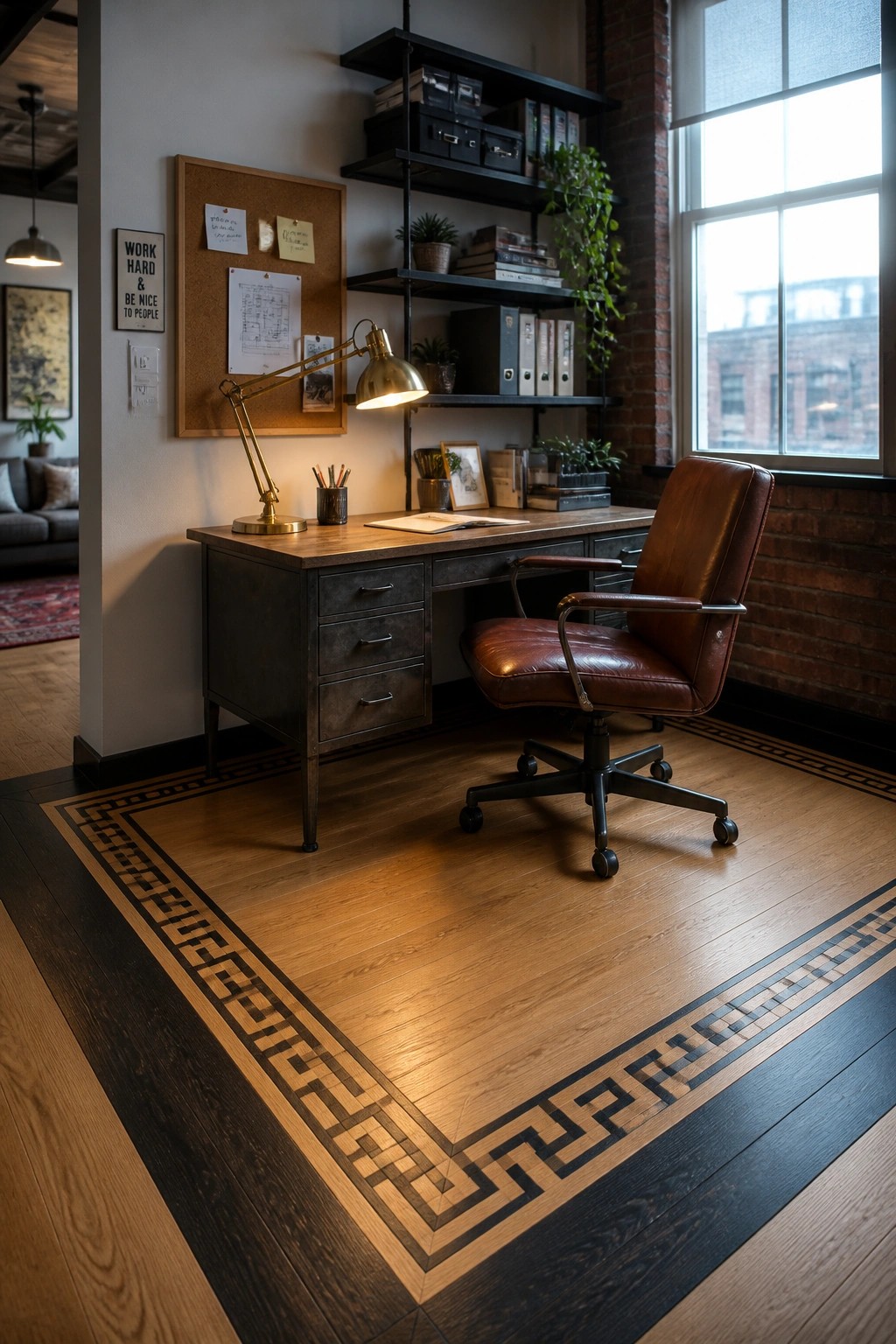 A home office featuring light hardwood flooring with a dark geometric Greek key border inlay surrounding the desk and chair area.