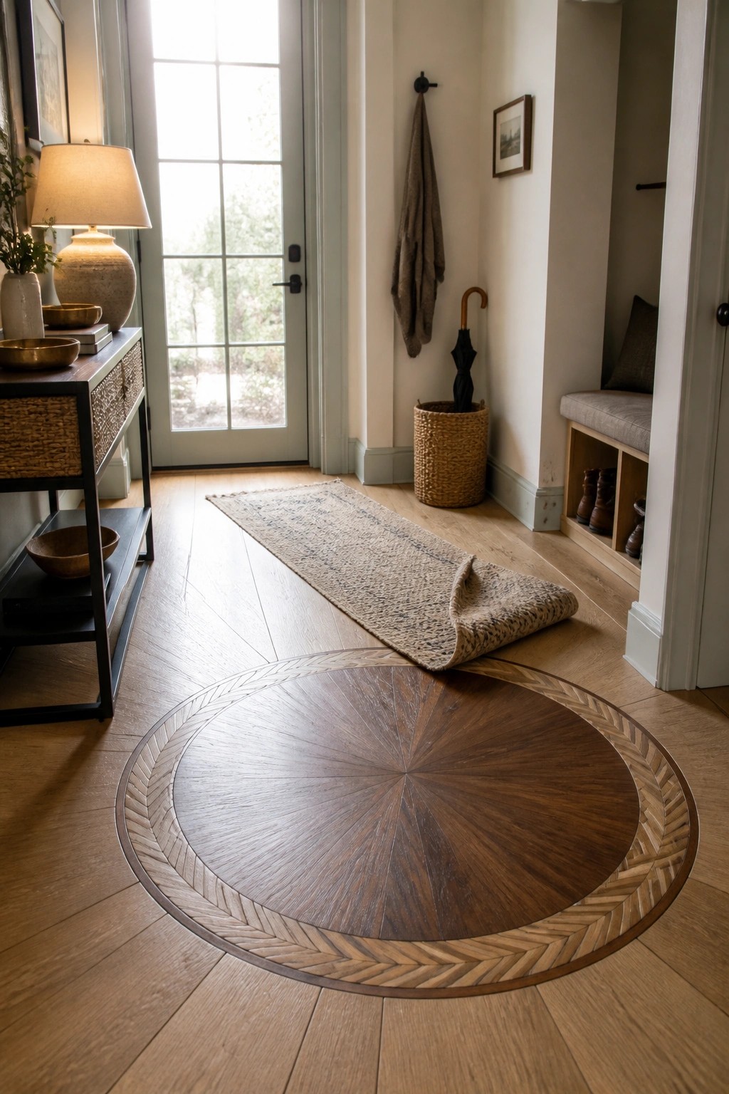 A light wood floor in an entryway with a large circular inlay of darker wood showing a radial center and herringbone border, partially covered by a rolled runner rug.