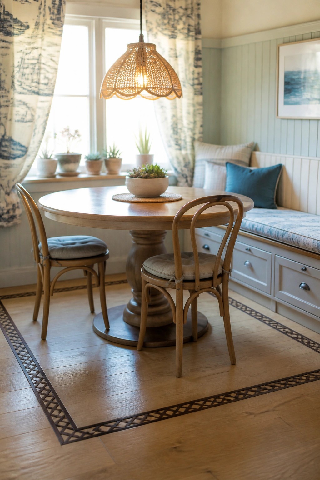A round wooden dining table with two bentwood chairs sits on a light wood floor that features a dark decorative border inlay, next to a built-in window seat.