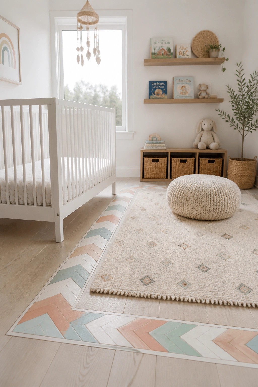 A nursery interior showing a white crib, area rug, and wood floor with a decorative chevron border inlay in soft pastel tones.