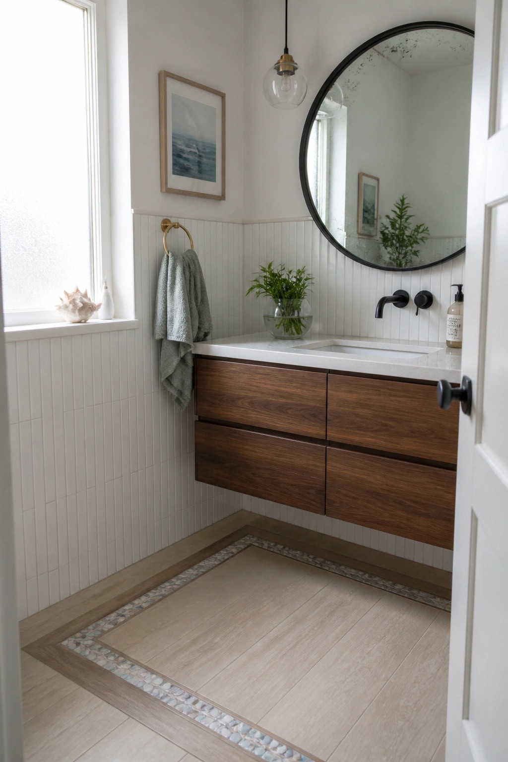 A bathroom interior with light wood flooring featuring a narrow border of small pebbles inlaid around the edges, white wainscoting on the walls, and a floating wood vanity with a round mirror above it.