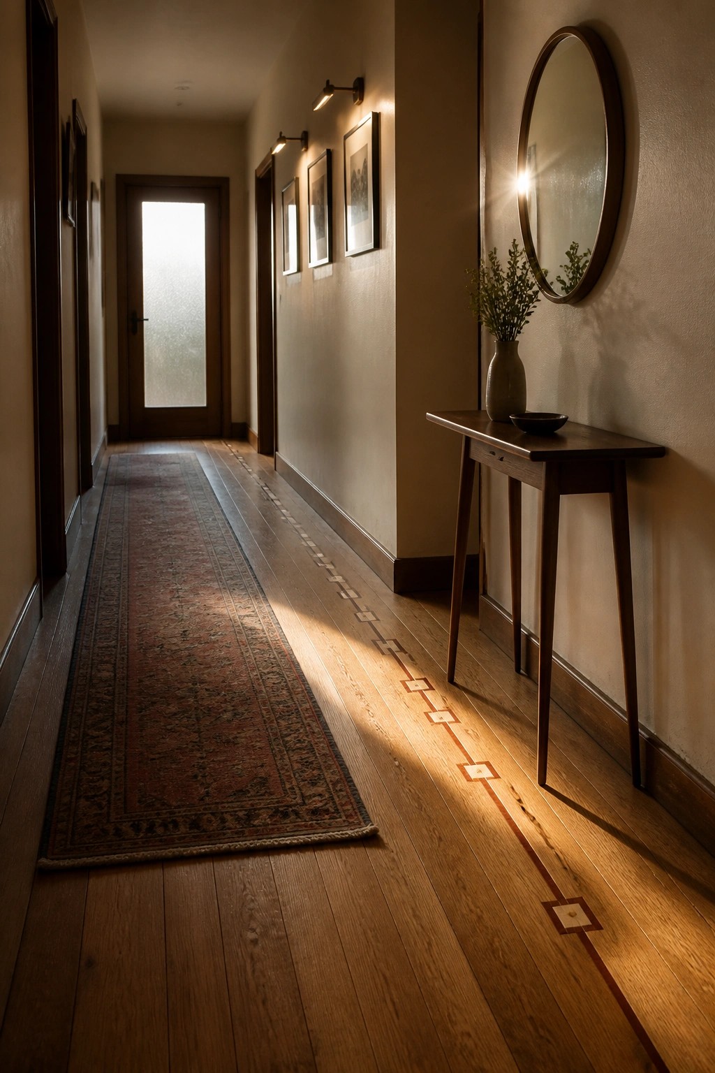 A long wooden hallway with a decorative inlaid border of repeating squares along the floor and a central runner rug.