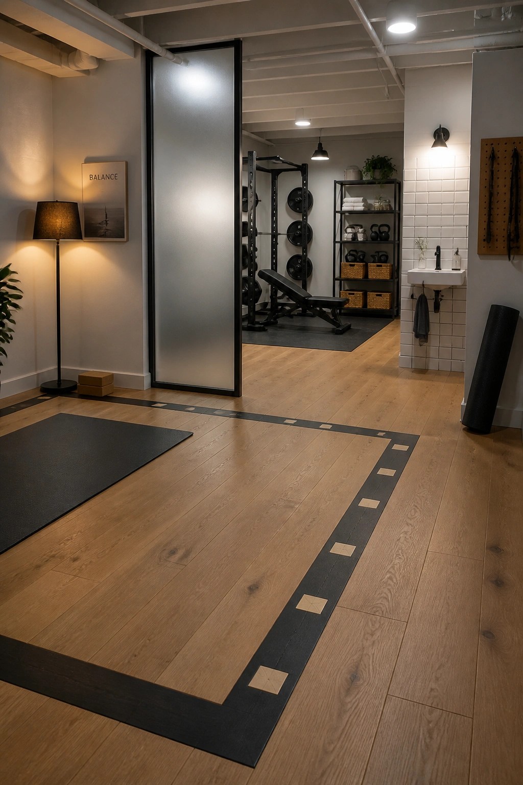 Modern gym with light wood floors, black yoga mat, and glass door to weight room.