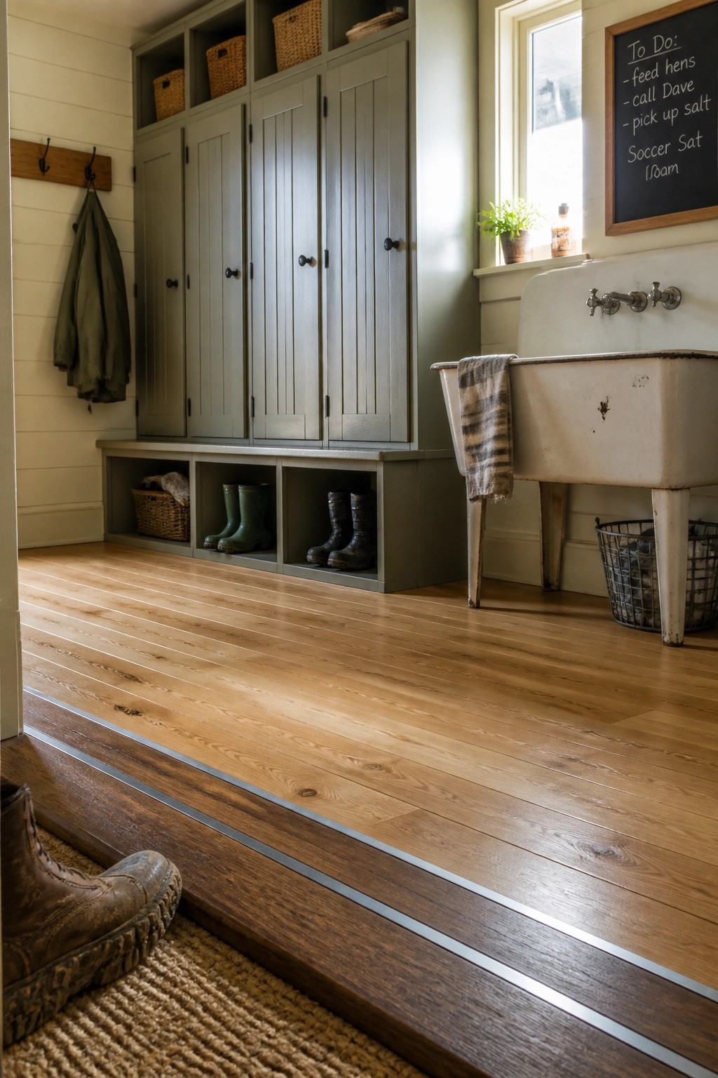 A mudroom with gray built-in cabinets, a white farmhouse sink, and light wood flooring featuring thin metal inlay borders along the edges and step.