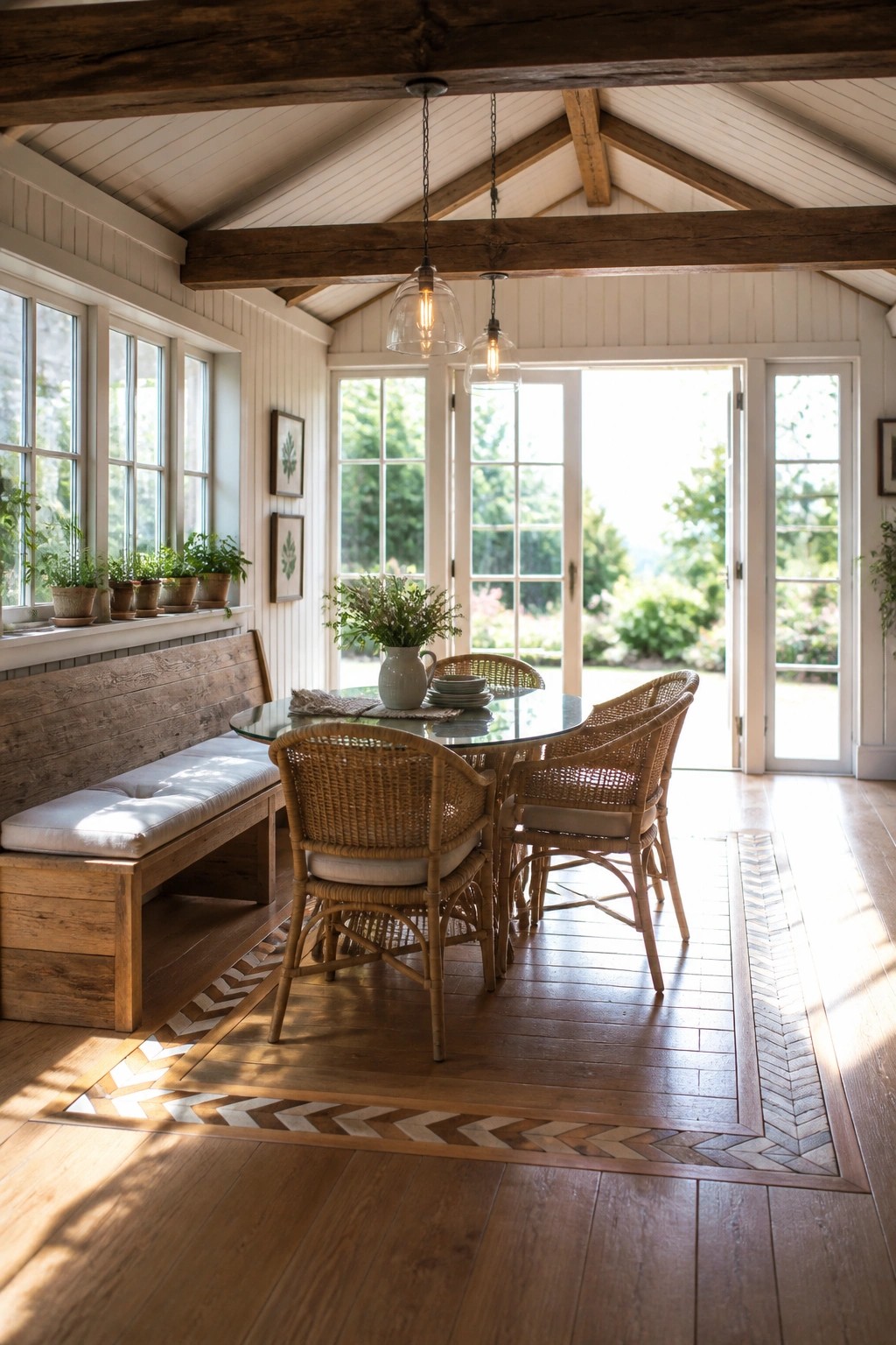 A dining area with a glass table, wicker chairs, and a wood floor featuring a decorative herringbone border inlay.
