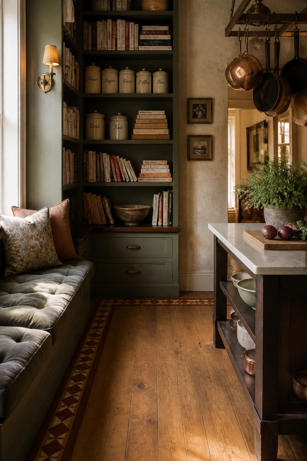 A wooden floor with a geometric inlay border in brown and red tones runs along the edge of a room with green built-in shelves and a cushioned bench.