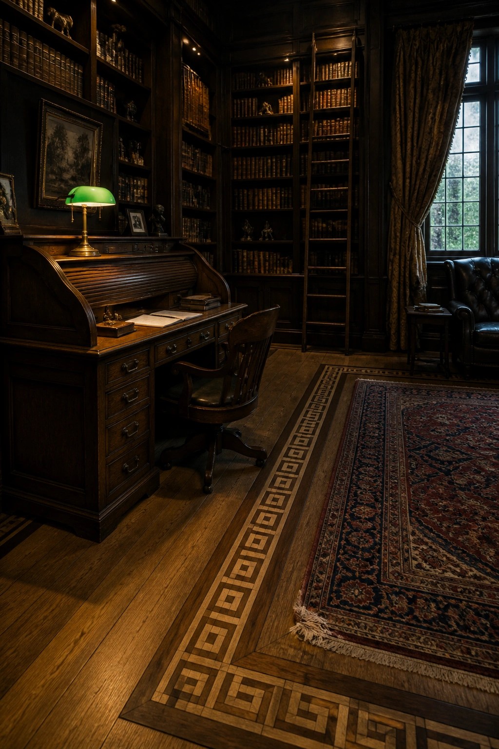 A dark wood library interior with a large patterned rug on a wood floor that has a geometric inlaid border.