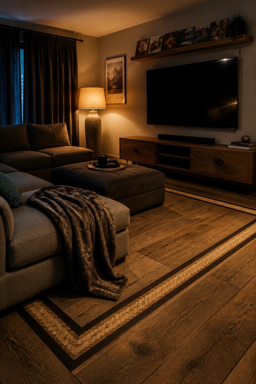 A living room interior showing dark hardwood flooring with a wide decorative border featuring a woven inlay pattern around the seating area.