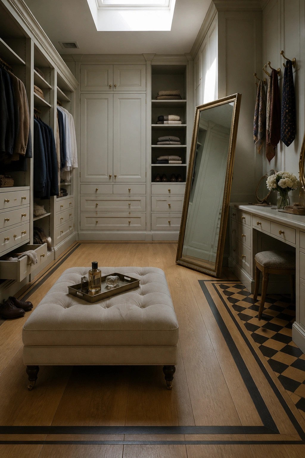 A spacious walk-in closet with light wood flooring that features a black and tan checkered border along one side.