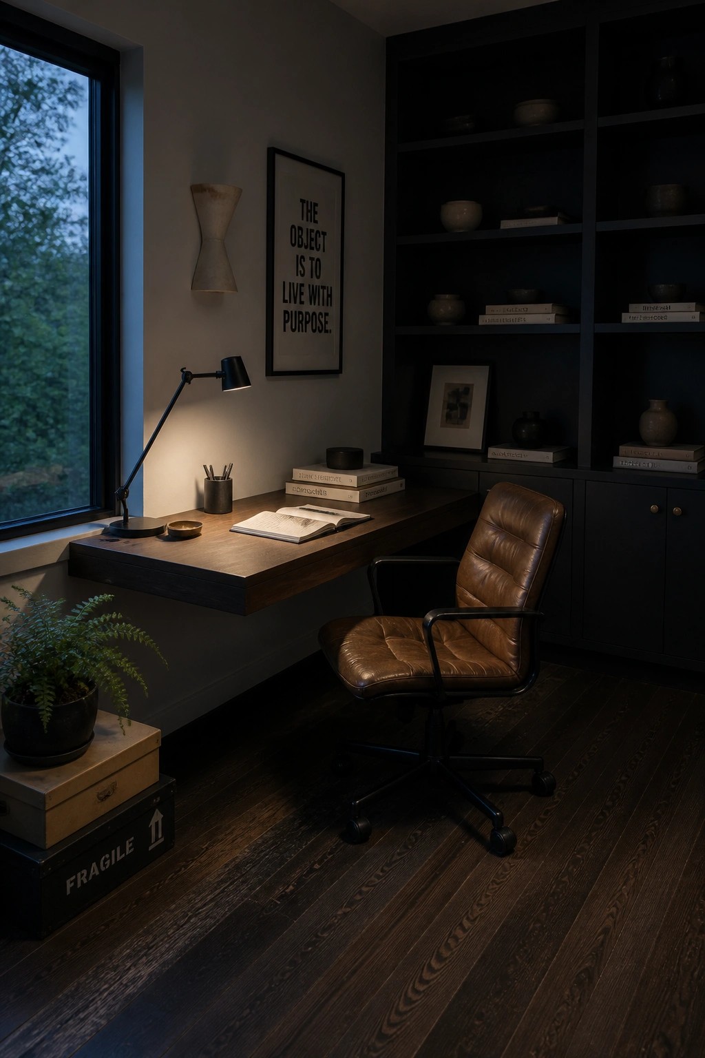 A home office with a floating wooden desk, brown leather chair, dark wood flooring, and built-in bookshelves beside a large window.