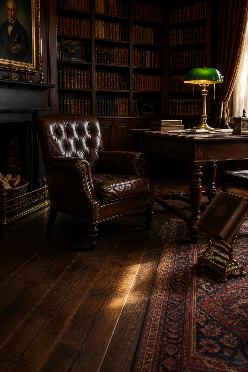 A dimly lit traditional study with dark hardwood floors, a brown leather armchair, tall bookshelves, a wooden desk with a green lamp, and a fireplace.