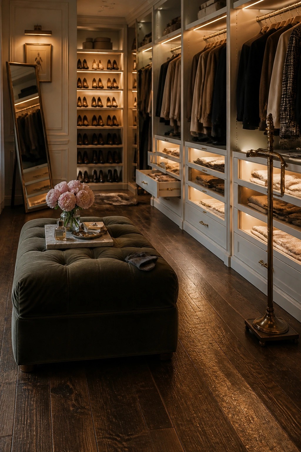 A walk-in closet with dark wood flooring, white illuminated shelving filled with clothing and shoes, a green tufted ottoman in the foreground, and a full-length mirror on the left wall.