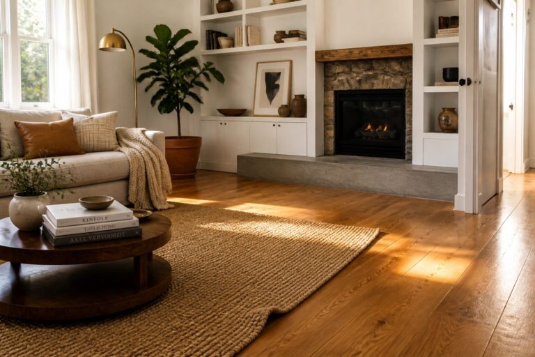 18 Distinctive Teak Wood Flooring Ideas for Rich Organic Texture A living room interior with wide-plank teak hardwood flooring, sunlight across the surface, a round wooden coffee table on a woven rug, and a beige sofa in the background.