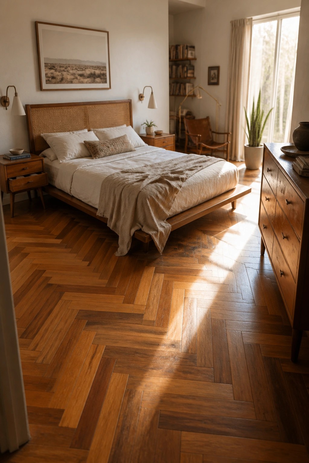 A bedroom interior featuring a wooden platform bed with white linens on a herringbone-patterned teak floor, with sunlight casting shadows across the wood.