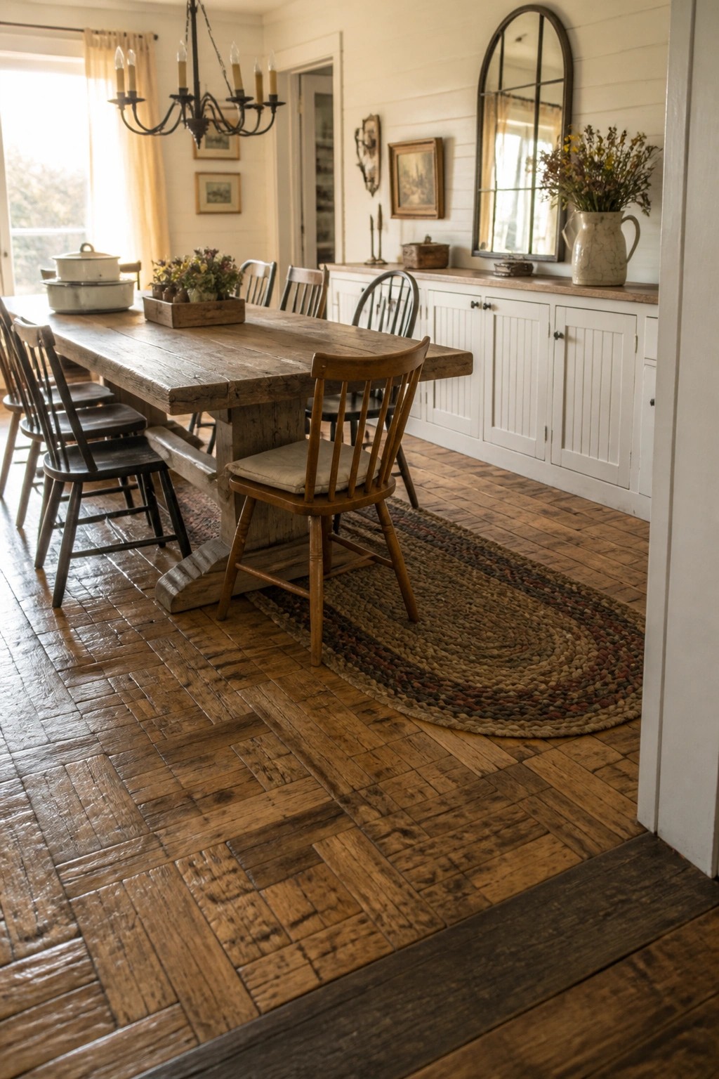 A rustic dining room with a long wooden table, spindle-back chairs, and teak wood flooring arranged in a herringbone pattern.
