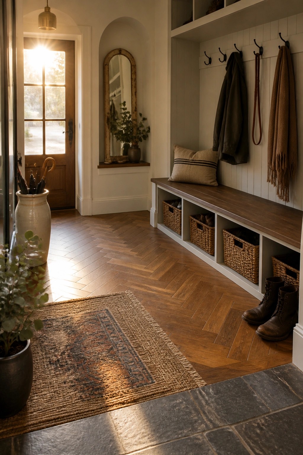 A home mudroom interior with herringbone teak wood flooring, a built-in bench with storage baskets, hooks on the wall, and a wooden door letting in sunlight.