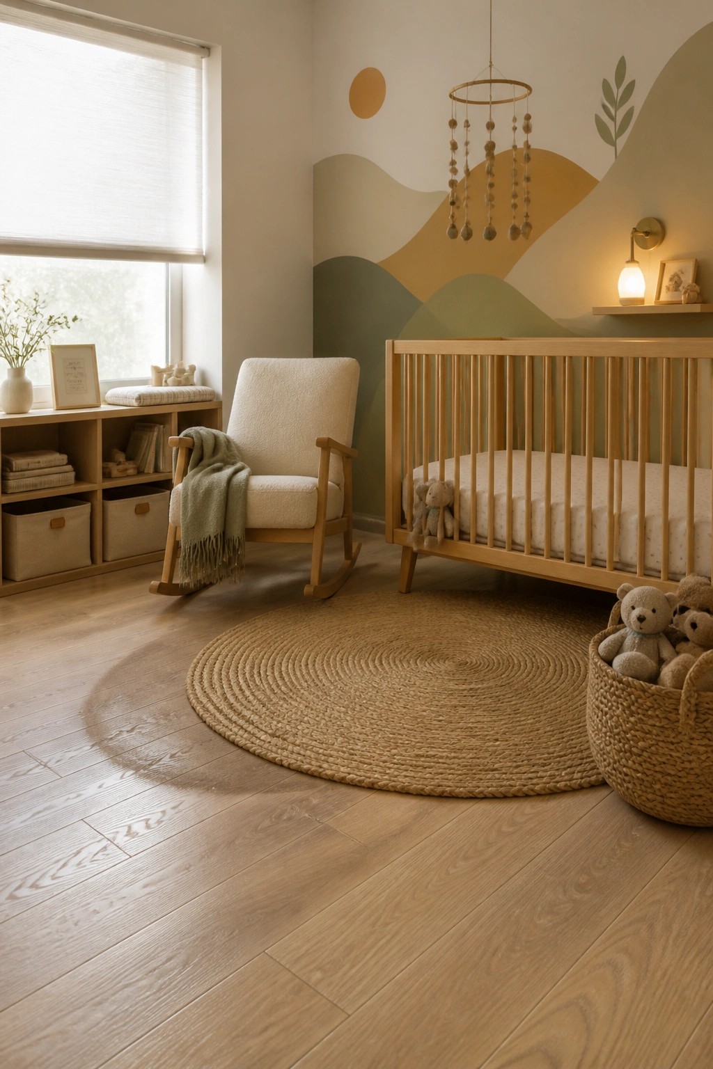 A nursery interior featuring light teak wood flooring, a wooden crib, rocking chair, round woven rug, and wall mural with earth tones.