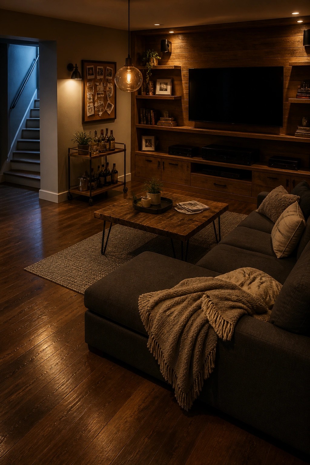 A dimly lit living room featuring dark wood flooring, a large sectional sofa with throw blankets, a wooden coffee table on a rug, and a built-in media wall with a television.