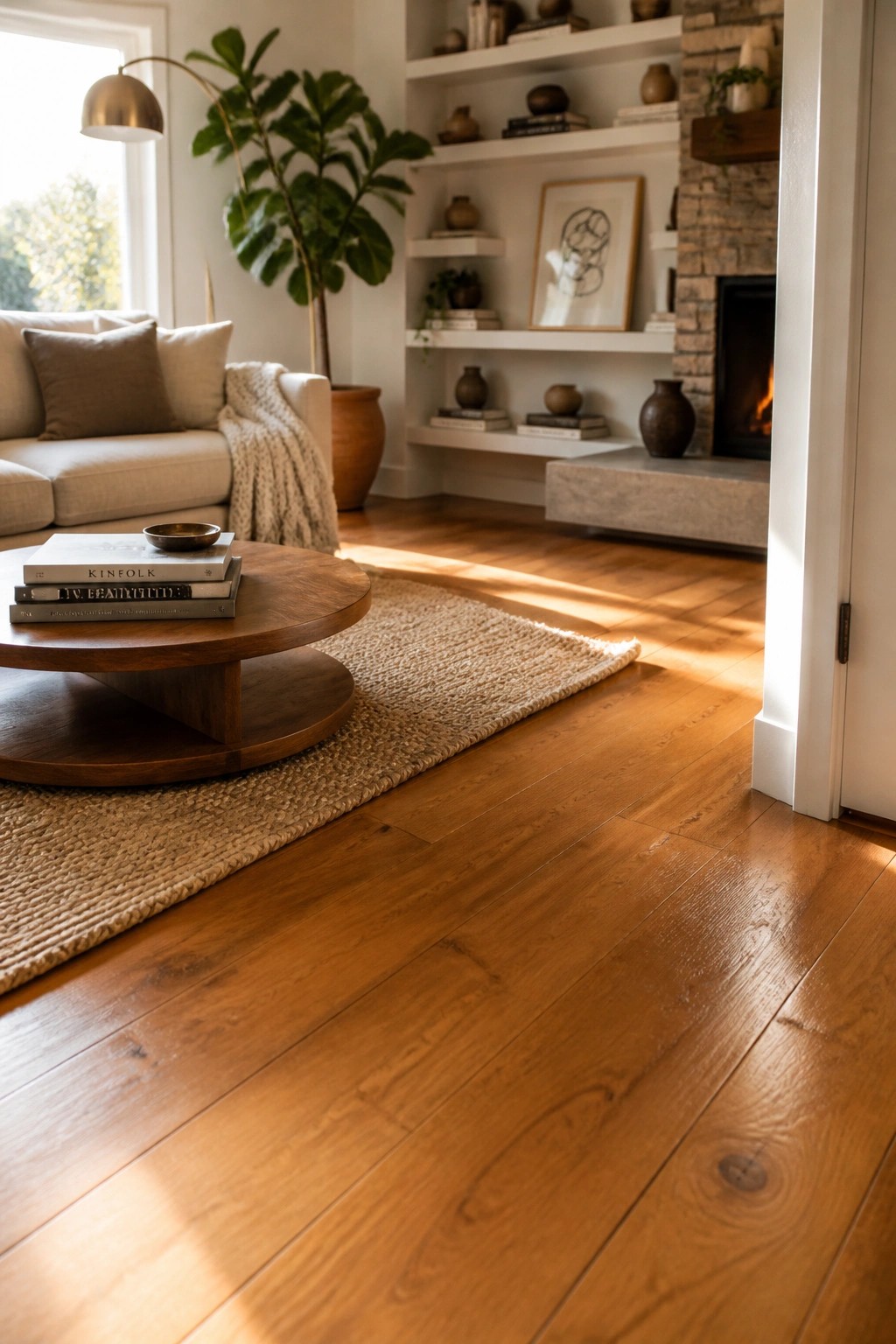 A living room interior with wide-plank teak hardwood flooring, sunlight across the surface, a round wooden coffee table on a woven rug, and a beige sofa in the background.