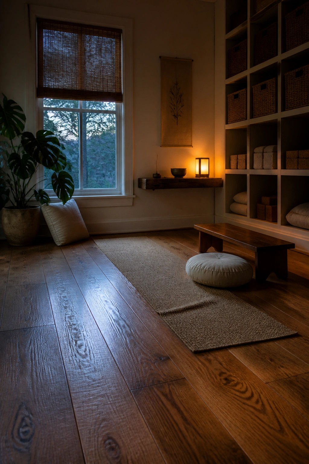 Warmly lit zen room with wooden floors, jute rug, cushion, bench, and shelves.