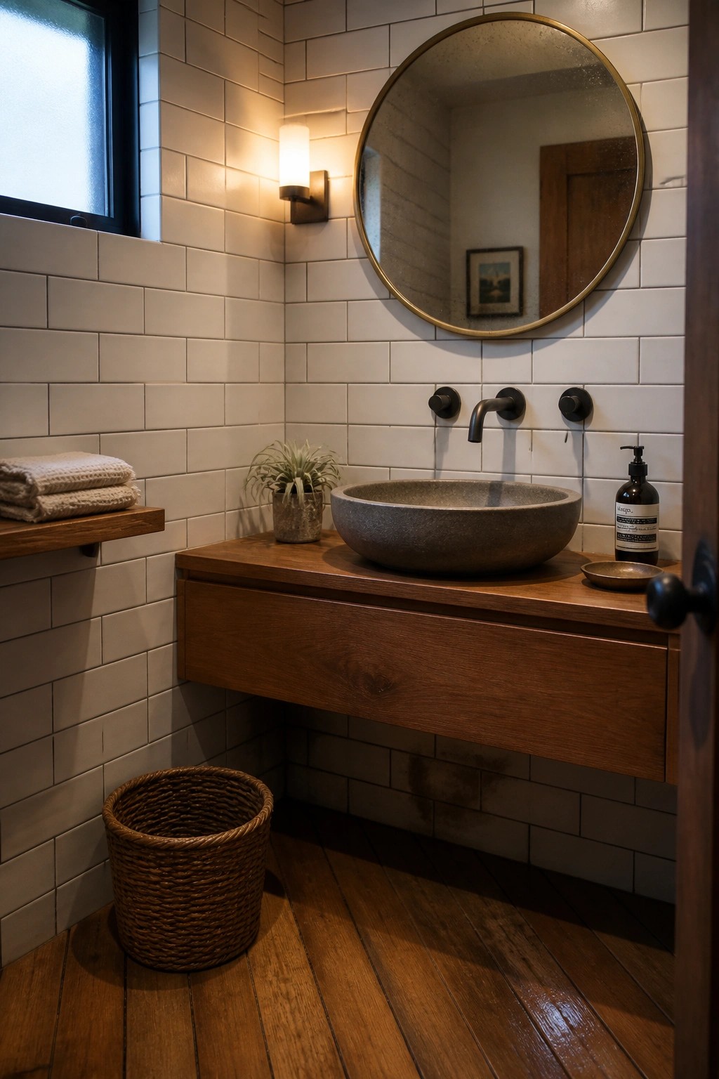 A bathroom interior with white subway tile walls, a floating wood vanity holding a stone vessel sink, and dark teak wood flooring.