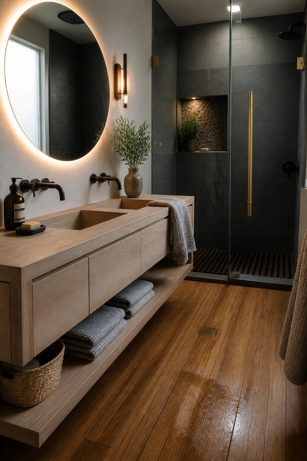 A bathroom interior featuring wide light teak wood flooring, a floating wooden vanity with two sinks, a round illuminated mirror, and a glass shower with dark tile walls.