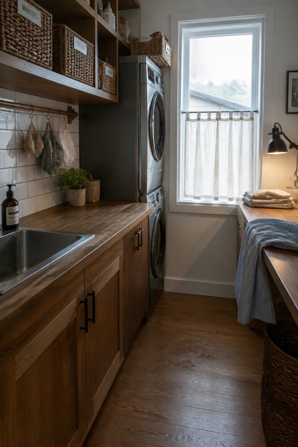 A laundry room featuring teak wood flooring, wooden lower cabinets, a stainless steel sink, stacked washer and dryer, and a window with a curtain.