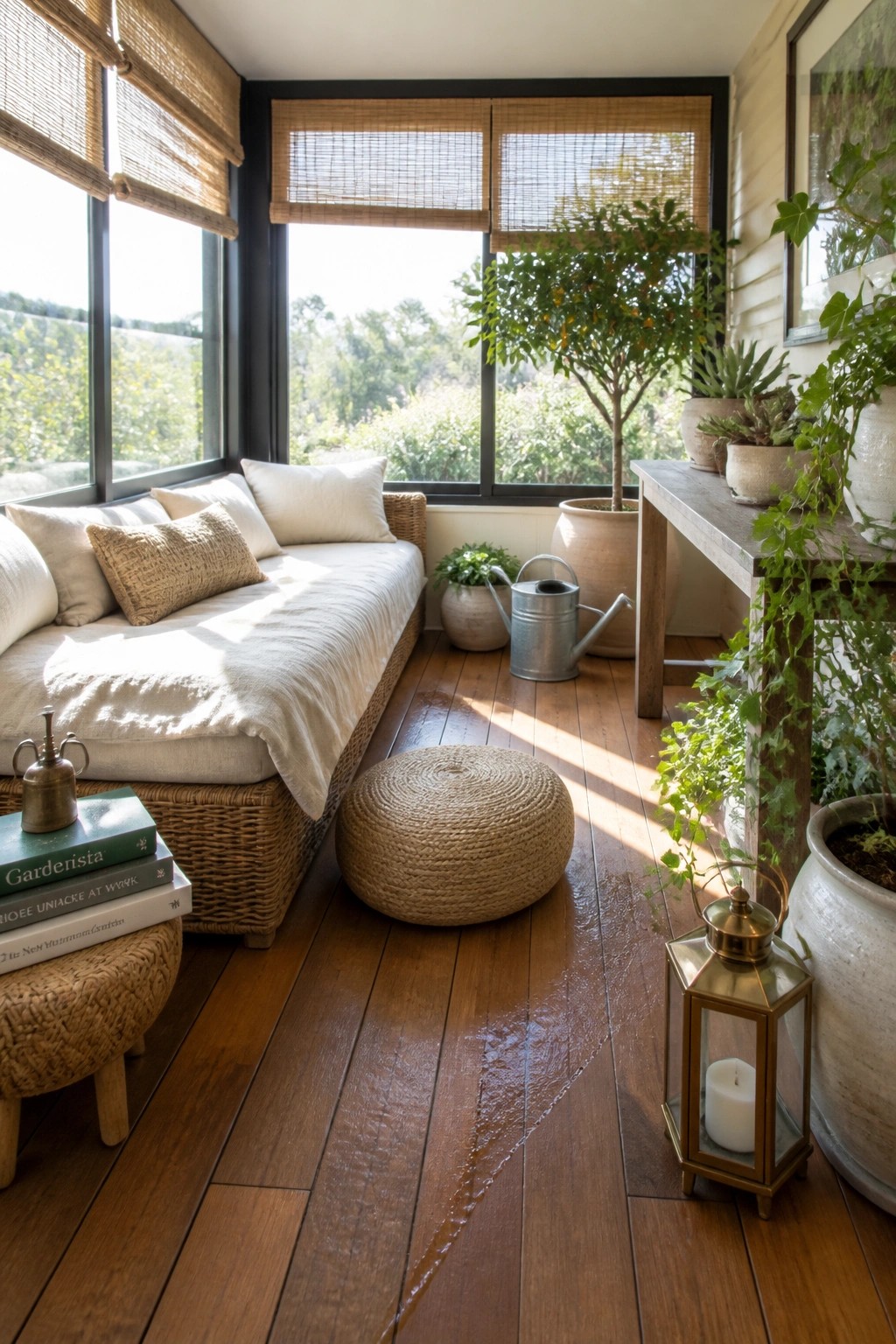 Cozy sunroom with wicker daybed, woven pouf, potted plants, and sunlit wooden floors.