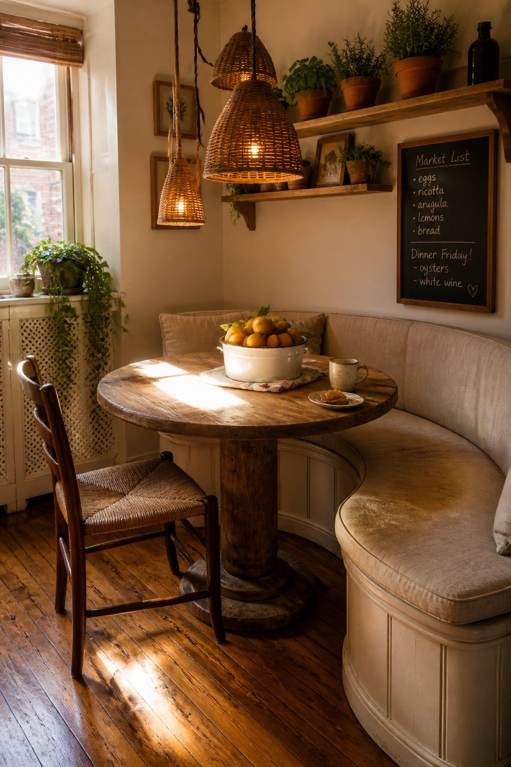 A round wooden table on teak flooring in a sunlit corner with a curved upholstered bench, wooden chair, woven pendant lights, and wall shelves holding plants and a chalkboard.