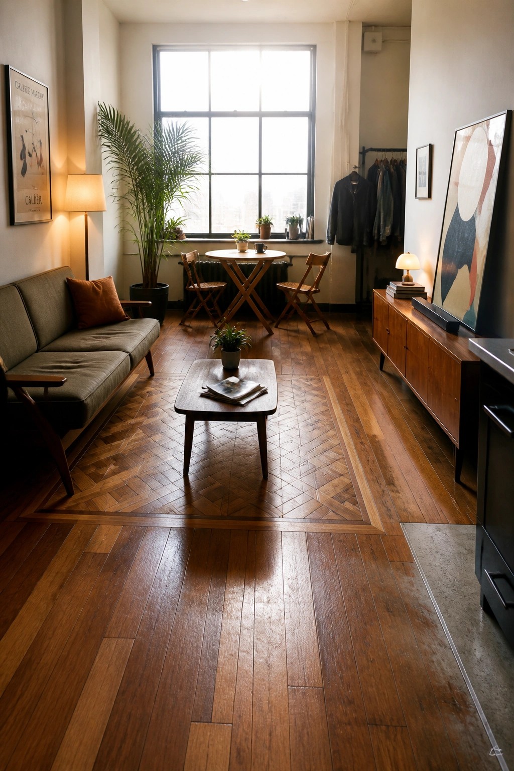 A living room interior with wide plank teak wood flooring that includes a central herringbone pattern, a gray sofa on the left, a wooden coffee table in the middle, and a large window at the far end.