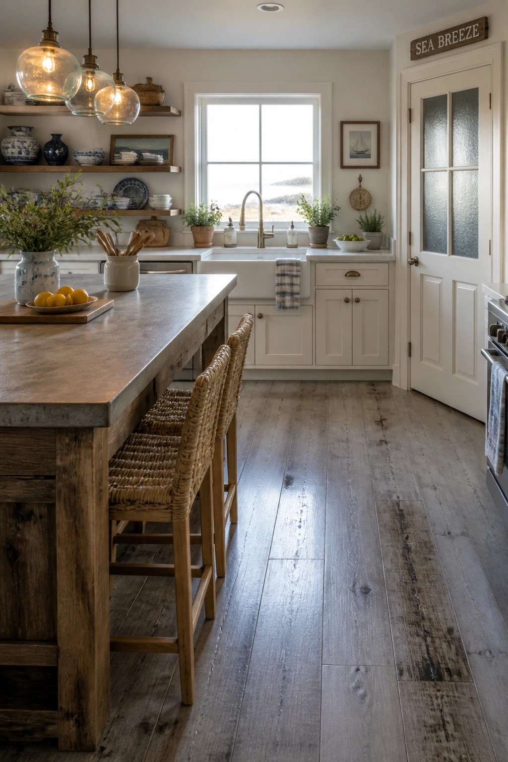 A bright kitchen with wide plank gray-brown wood flooring, a large wooden island with woven bar stools, white cabinets, a farmhouse sink, and a window view of the ocean.