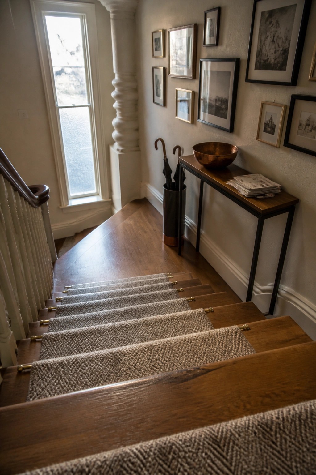 Wooden staircase with carpet runners on each tread, a window on the left, and a console table with framed art along the right wall.