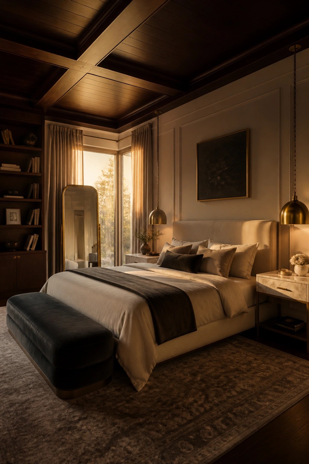 A bedroom interior featuring a dark wood paneled ceiling, a large upholstered bed with neutral linens, and two brass pendant lights.