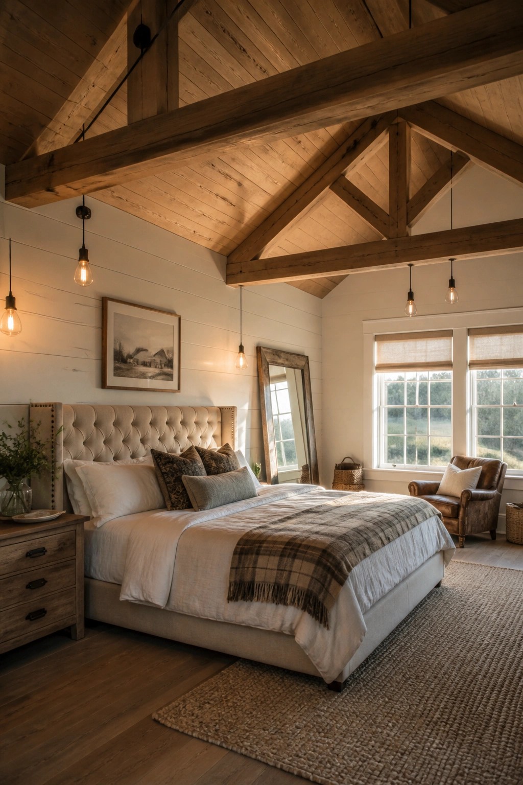 A bedroom featuring a large bed with white linens, a tufted headboard, and prominent wooden ceiling beams with hanging light bulbs.