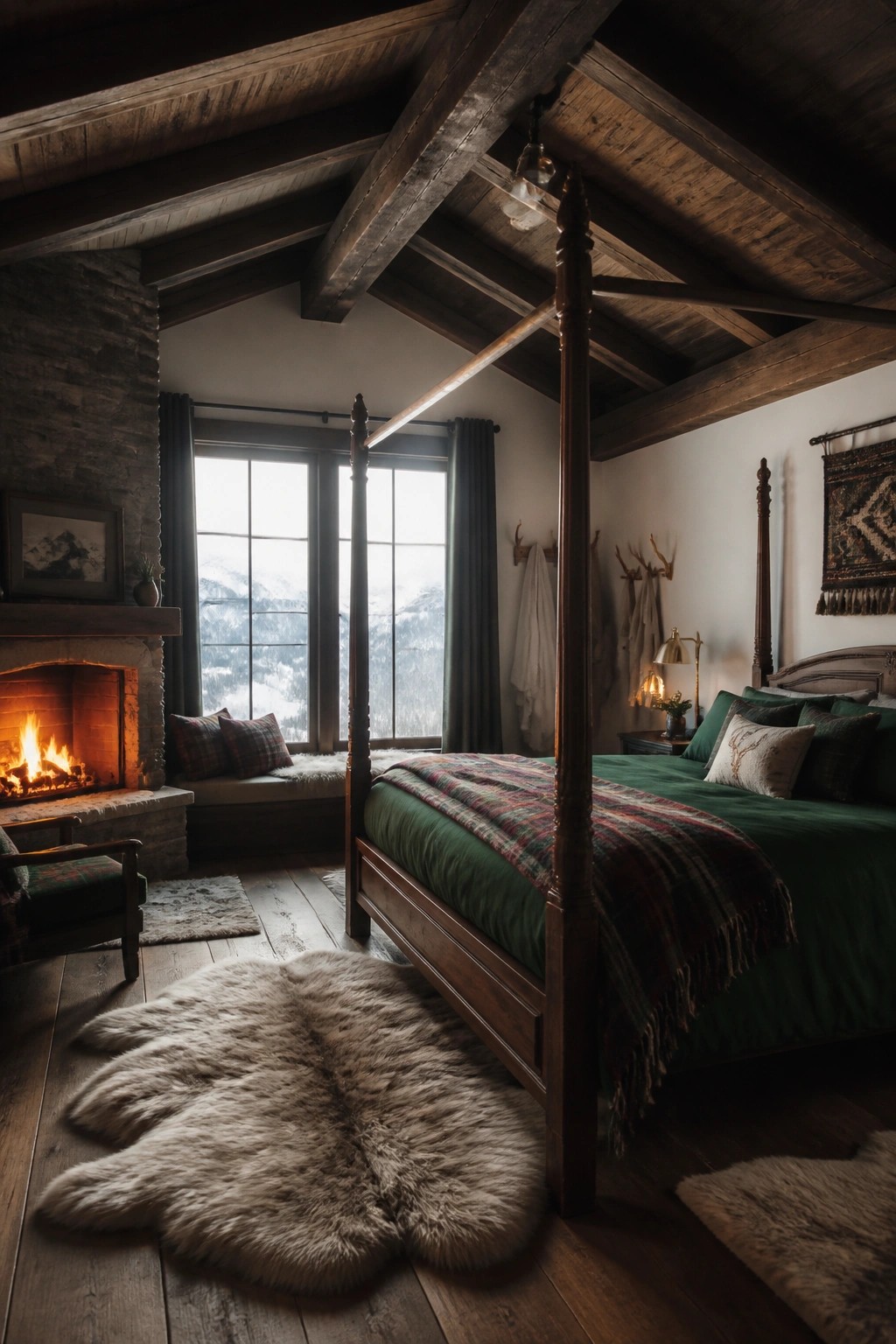 A bedroom interior with exposed dark wood ceiling beams, a four-poster bed with green bedding, a stone fireplace, and large windows overlooking mountains.