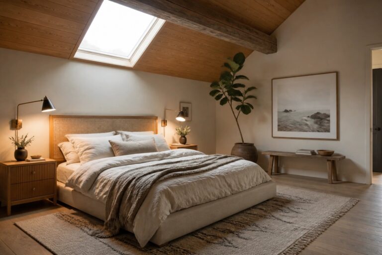 18 Dreamy Wood Ceiling Bedroom Ideas for a Relaxing Retreat Feel A bedroom featuring a sloped wood plank ceiling with dark exposed beams, a large bed with neutral linens, wall sconces, and a skylight.