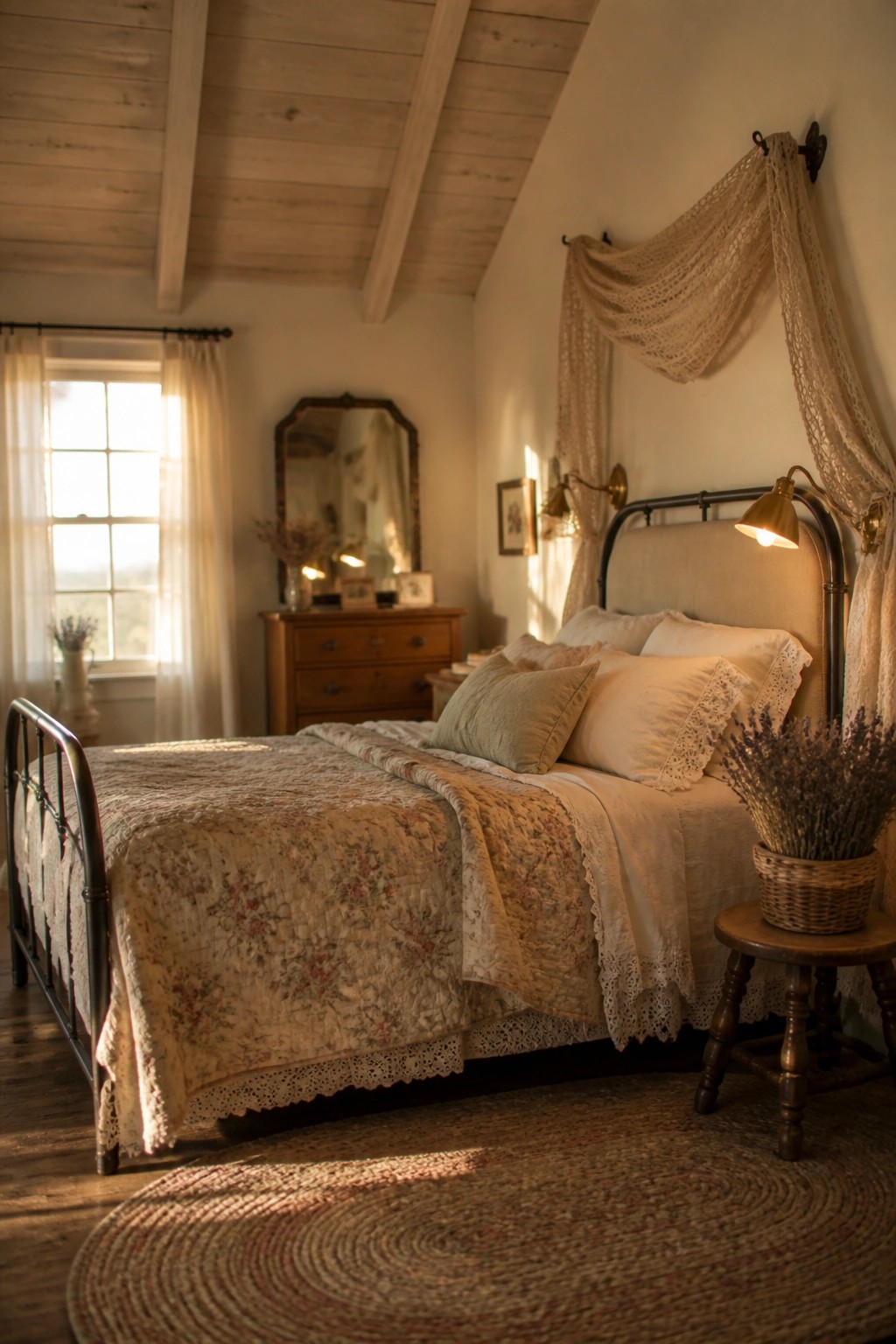 A bedroom with a light wood plank ceiling and exposed beams, a metal bed with floral quilt, and lace fabric draped above the headboard.