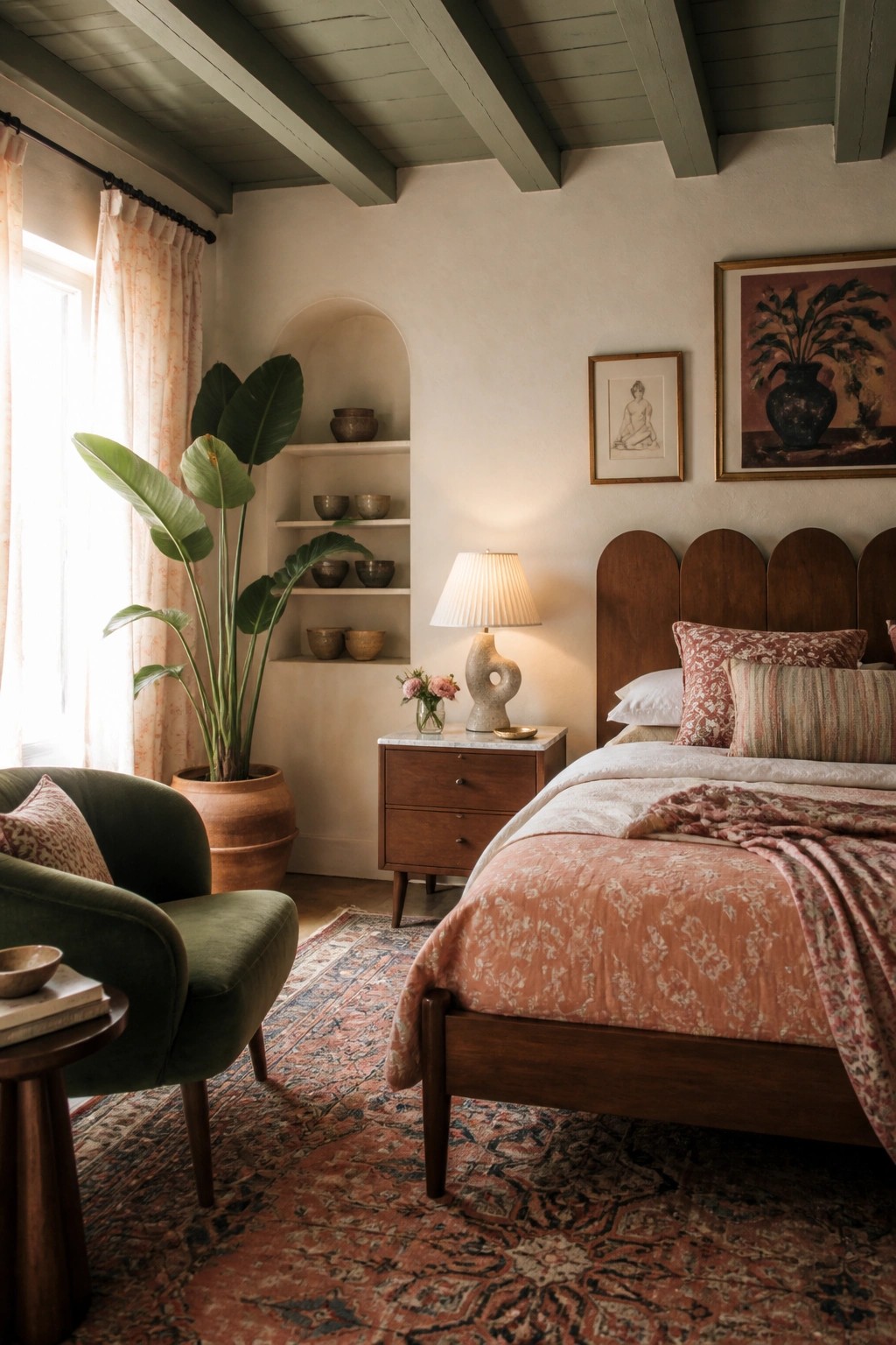 A bedroom featuring exposed green-painted wood ceiling beams, a wooden bed with pink patterned linens, built-in wall shelves, and a green velvet chair near a window.