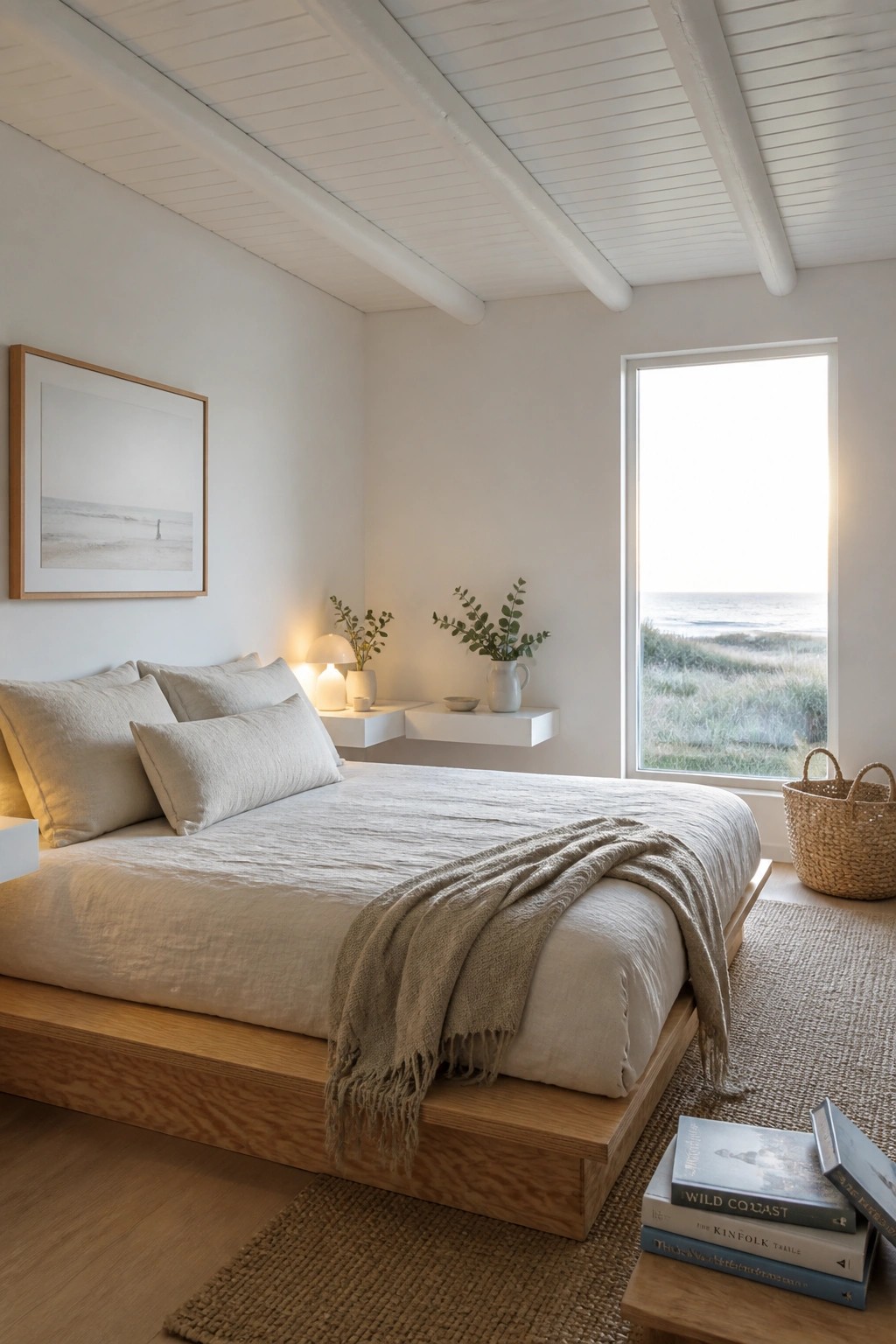 A bright minimalist bedroom featuring a low wooden platform bed with neutral linens, floating nightstands, a large ocean-view window, framed art on the wall, and whitewashed wood ceiling beams.