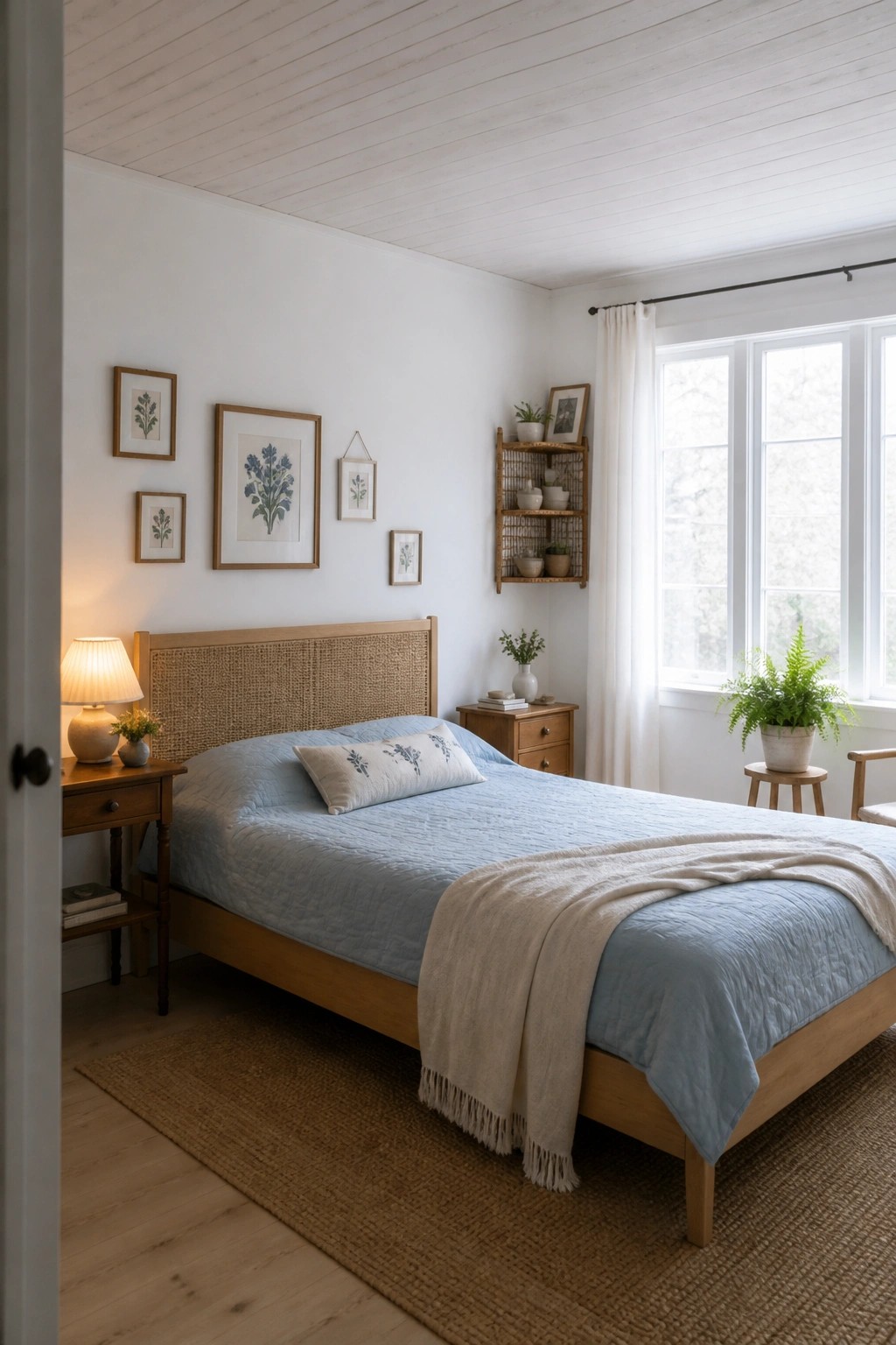 A bedroom with whitewashed wood plank ceiling, light wood bed frame, blue bedding, and botanical wall art.