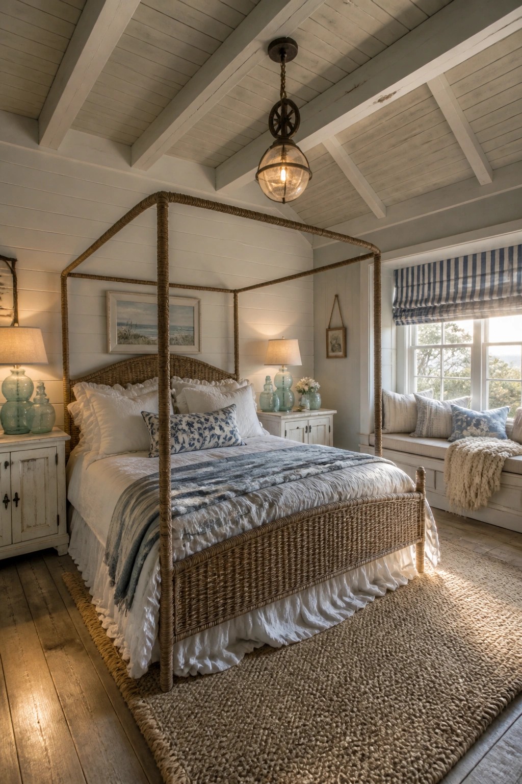 A bedroom with a whitewashed wood plank ceiling and exposed beams, featuring a four-poster wicker bed with white and blue bedding, a jute rug, and a window seat with striped curtains.