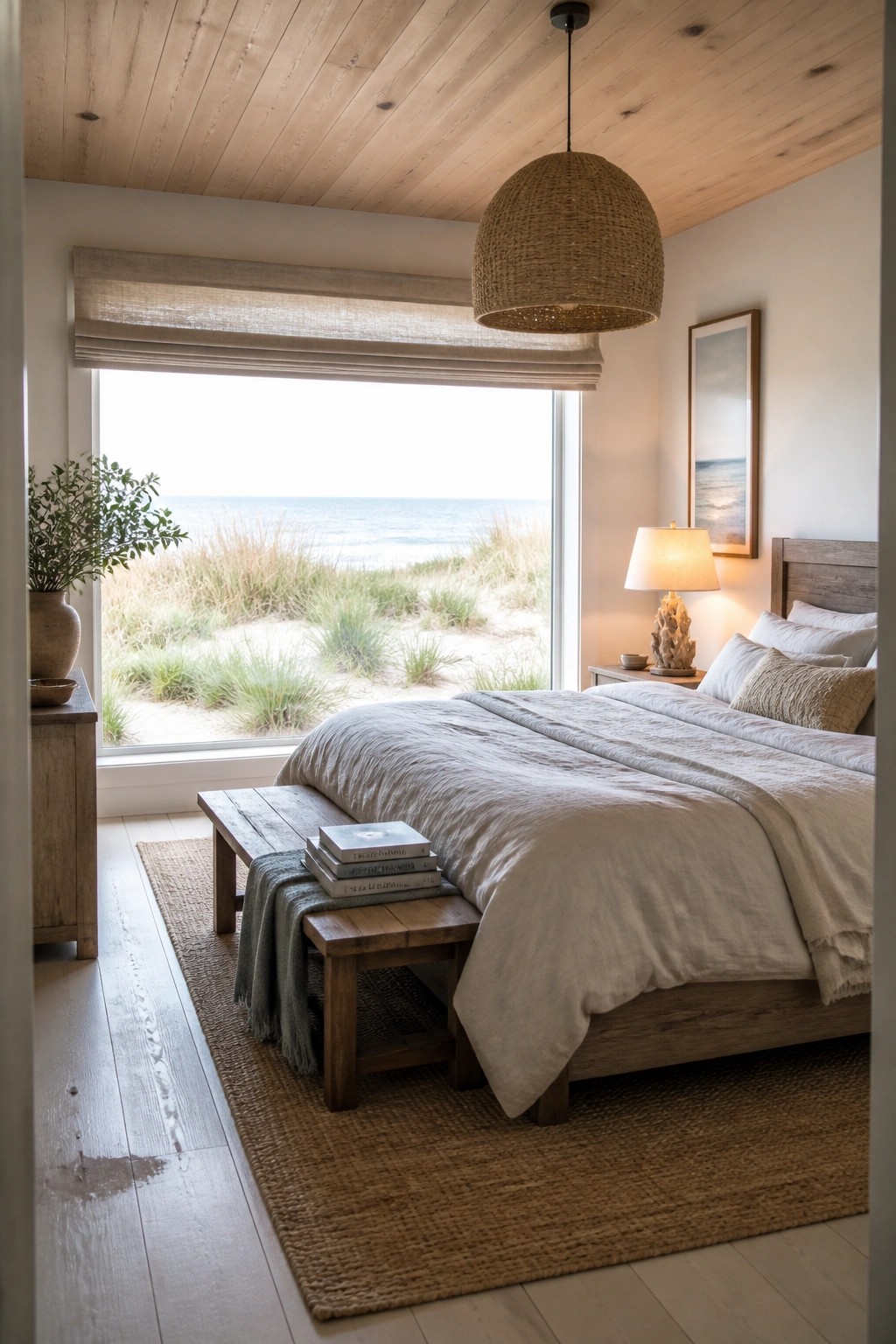 A bedroom interior with a light wood plank ceiling, a large window with a rolled shade overlooking dunes and the ocean, a wooden bed with neutral bedding, and a woven pendant light.