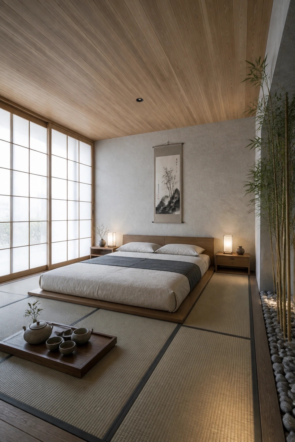 A minimalist bedroom with a light wood plank ceiling, low platform bed on tatami mats, and large shoji screen windows along one wall.
